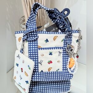 MADDEN GIRL Blue Gingham Mini Tote Bag, Pouch, Bow Clip, Charm, Chain